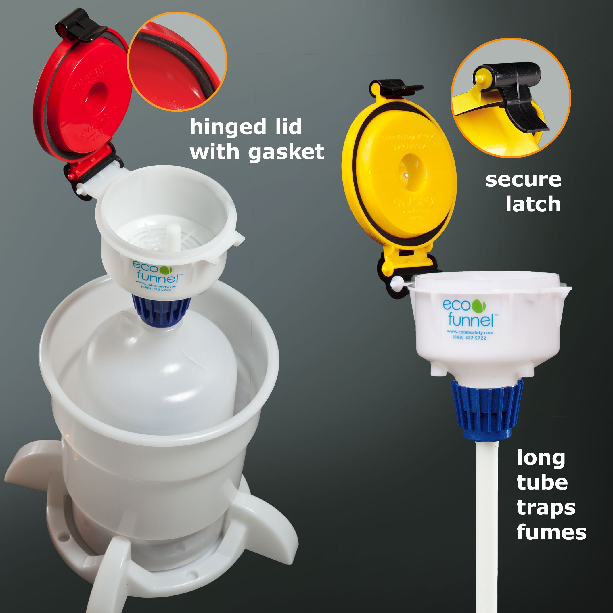 ECO Funnel components for safe chemical waste collection ECO Funnel components