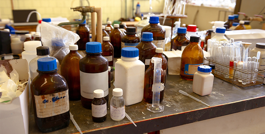 Chaotic array of poorly labeled chemicals Chaotic array of poorly labeled chemicals